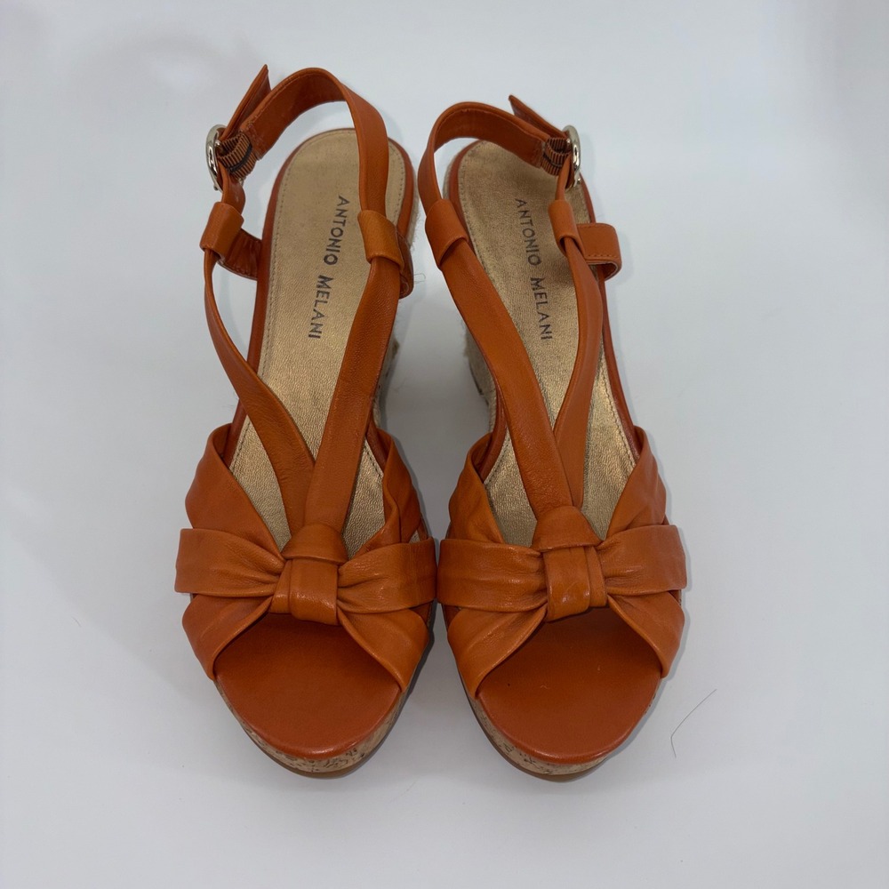 Antonio Melani Orange Leather Espadrille Wedge Sandals Bow Ankle Strap Size 8M